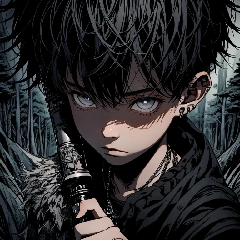 a black boy, with a white iris, aged six years, short kid, strong gaze, amidst the forest, vagabond art style kentaro miura art style, berserk style, holding saber.