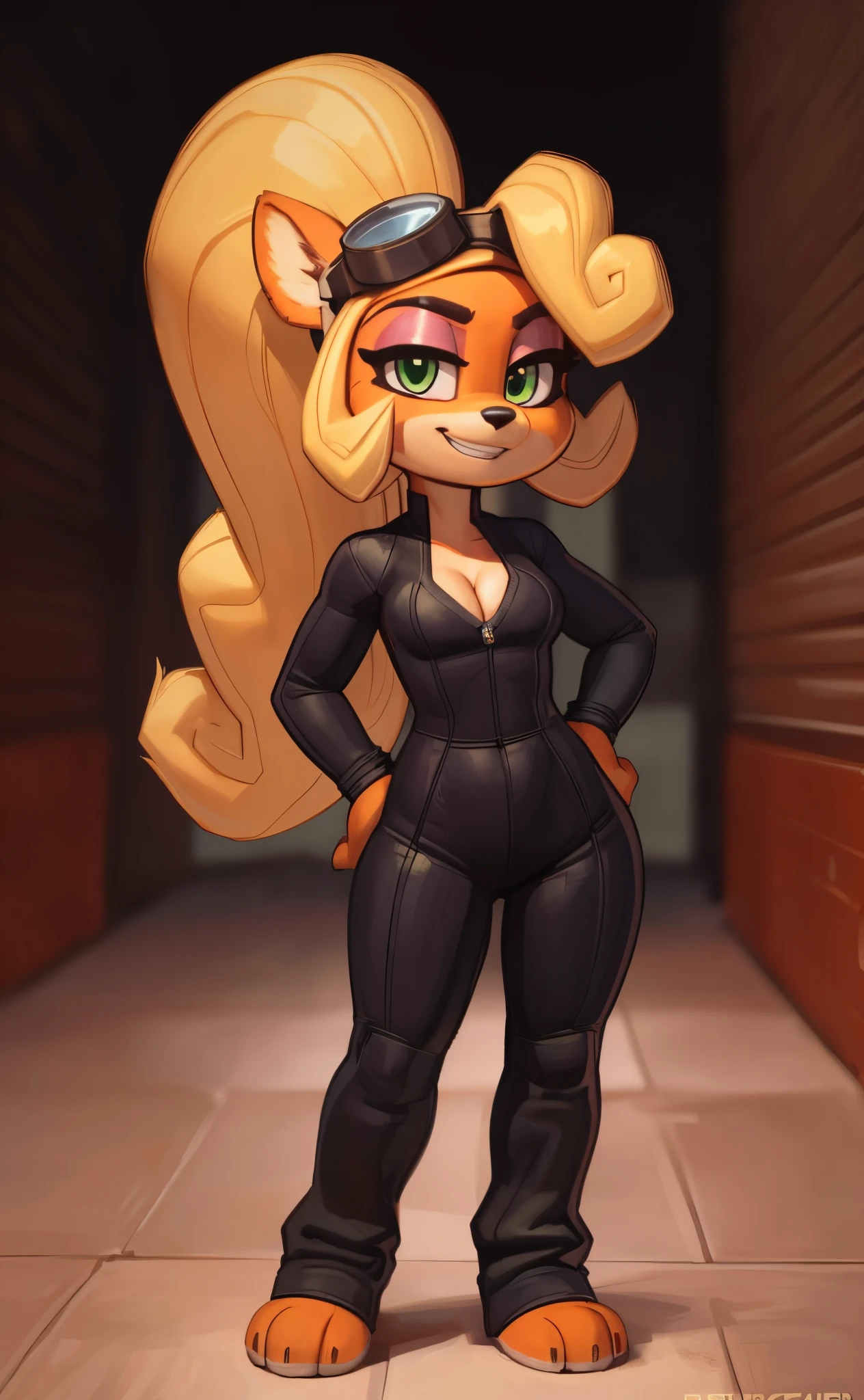 [Coco bandicoot], [Uploaded to e621.net; (Pixelsketcher), (wamudraws)], ((masterpiece)), ((HD)), ((solo portrait)), ((full body)), ((front view)), ((feet visible)), ((furry; anthro)), ((detailed fur)), ((detailed shading)), ((beautiful render art)), ((intricate details)), {anthro; orange fur, black nose, (cute green eyes), (pink eyeshadow), blonde curly hair, curly ponytail, (small boobs), (curvy hips), (beautiful feet), (smug grin)}, {(black spandex bodysuit), (long sleeves), (cleavage), (toeless socks), (goggles on head)}, {(standing), (hands on hips), (looking at viewer)}, [background; (metal walls), (ambient lighting)]