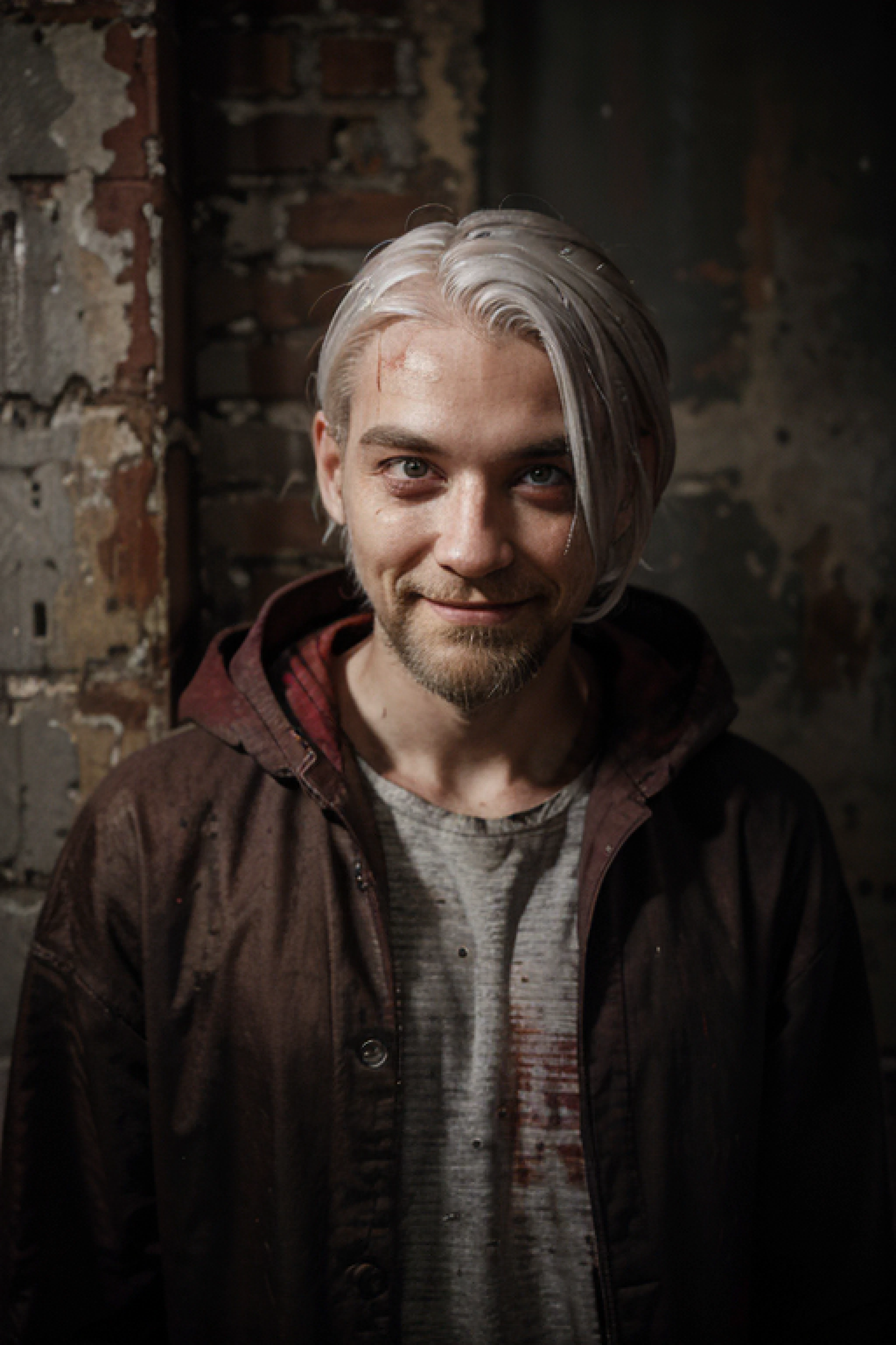 pale man, magro, olhos arregalados, sorriso nervoso, fino, platinado, cabelo e barba, com roupas leves, sujo com tinta vermelha, estilo despojado, grunge, urban gothic background, age at night