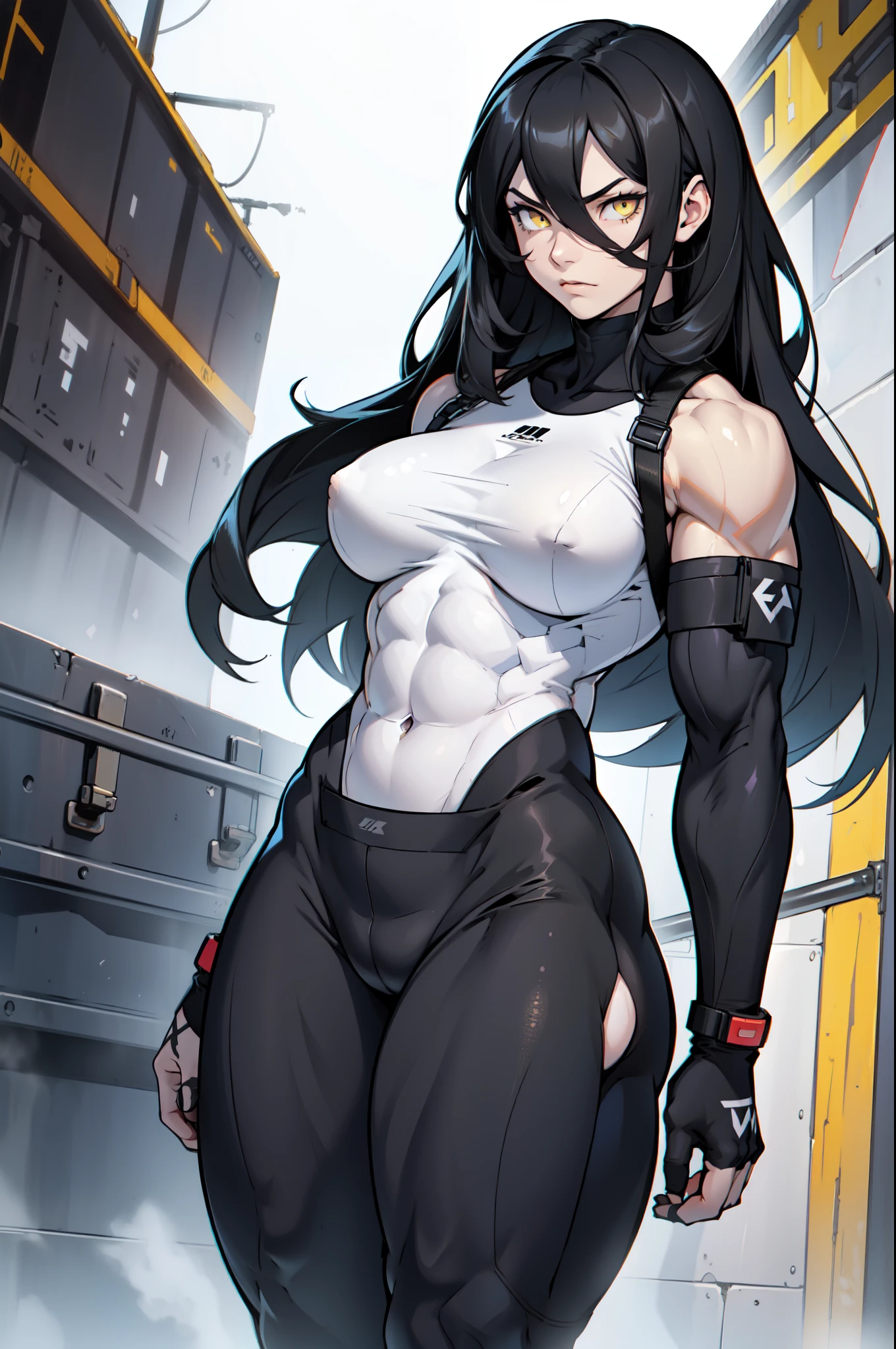 ((((muscular 1girl)))) (((thick toned body breasts))) (pale skin) black hair yellow eyes very long hair expressionless expressionless skintight