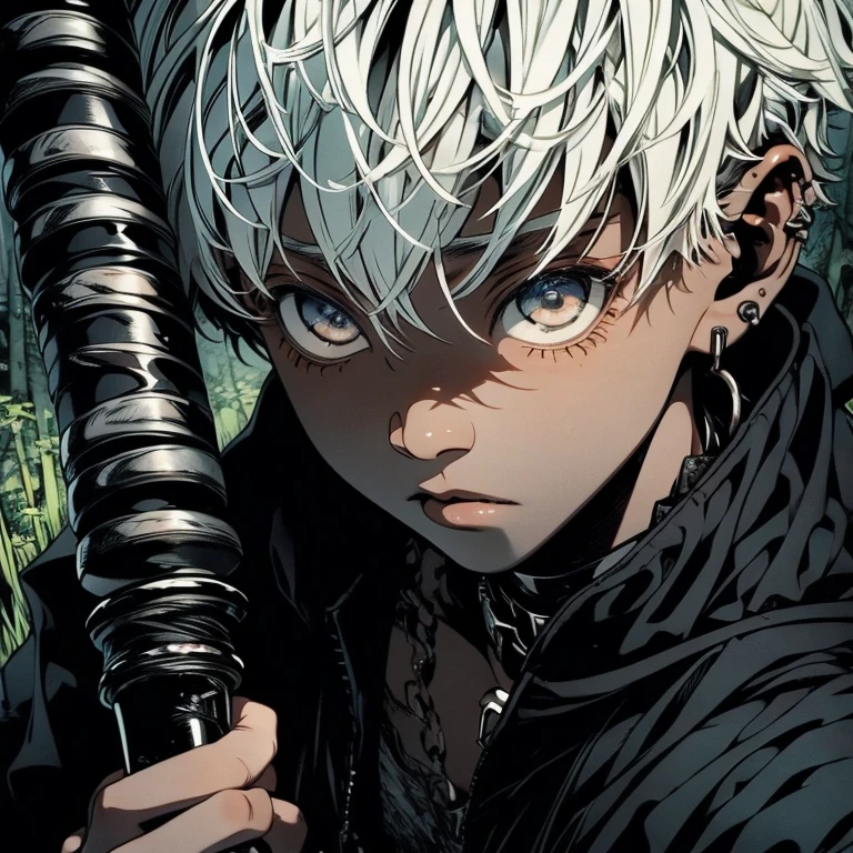 a black boy, with a white iris, aged six years, short kid, white hair, strong gaze, amidst the forest, vagabond art style kentaro miura art style, berserk style, holding saber. High angle