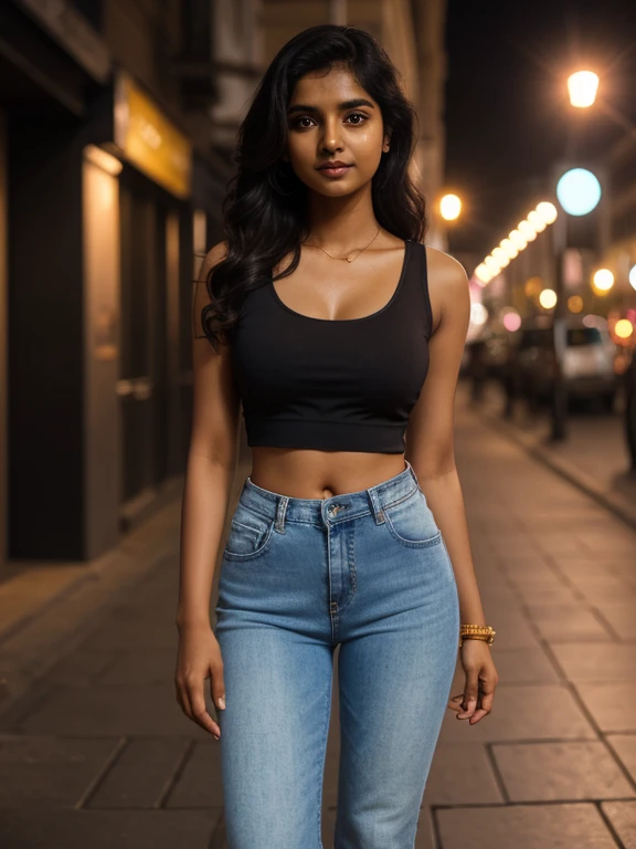photography of a Tamil girl, stunningly beautiful, in the city at night, (wearing:1.6 peach crop top, blue short jeans pants, sports shoes), (midriff round deep navel), (eating:1.6 ice-cream), on the streets, 20yo, summer, hot girl, long black hair, look at viewer, eyes symmetry, face symmetry, high quality detailed face, photorealistic, photography, spectacular lighting