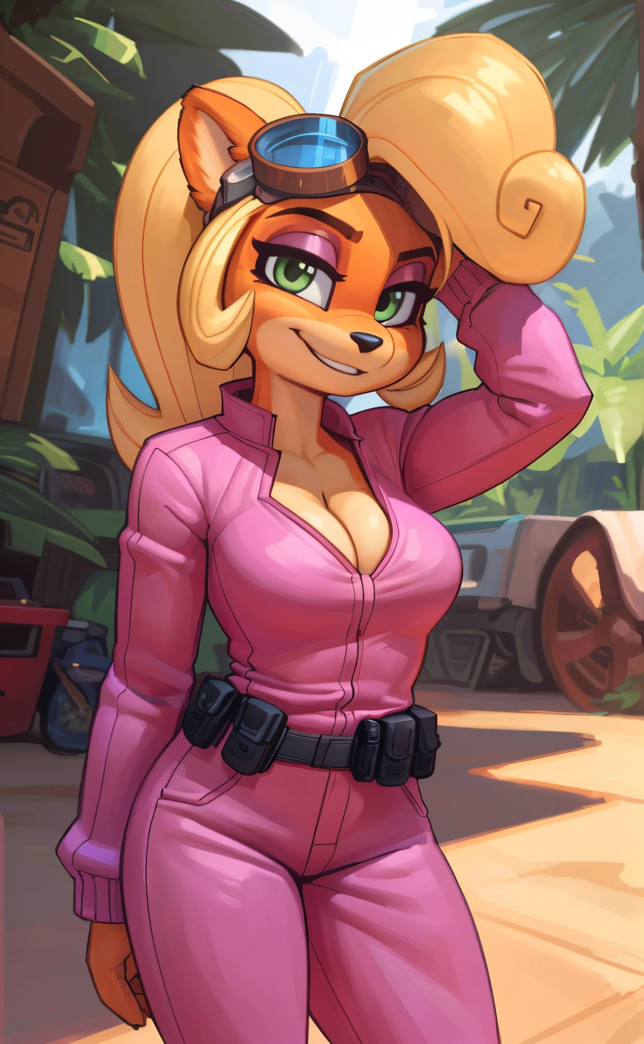 [Coco bandicoot], [Uploaded to e621.net; (Pixelsketcher), (wamudraws)], ((masterpiece)), ((high quality)), ((HD)), ((solo portrait)), ((full body)), ((front view)), ((furry; anthro)), ((detailed fur)), ((detailed shading)), ((beautiful render art)), ((front view)), ((shoes visible)), ((intricate details)), {anthro; orange fur, black nose, (cute half-closed green eyes), (pink eyeshadow), (expressionless), (sweating), blonde curly hair, curly ponytail}, {(white tank top pink lining), (small boobs), (nipple outline), (tight jeans), (pink sneakers), (goggles on head)}, {(crouching), (head resting on hand), (looking ahead)}, [background; (tropical forest), (garage), (sun rays), (pink laptop)]