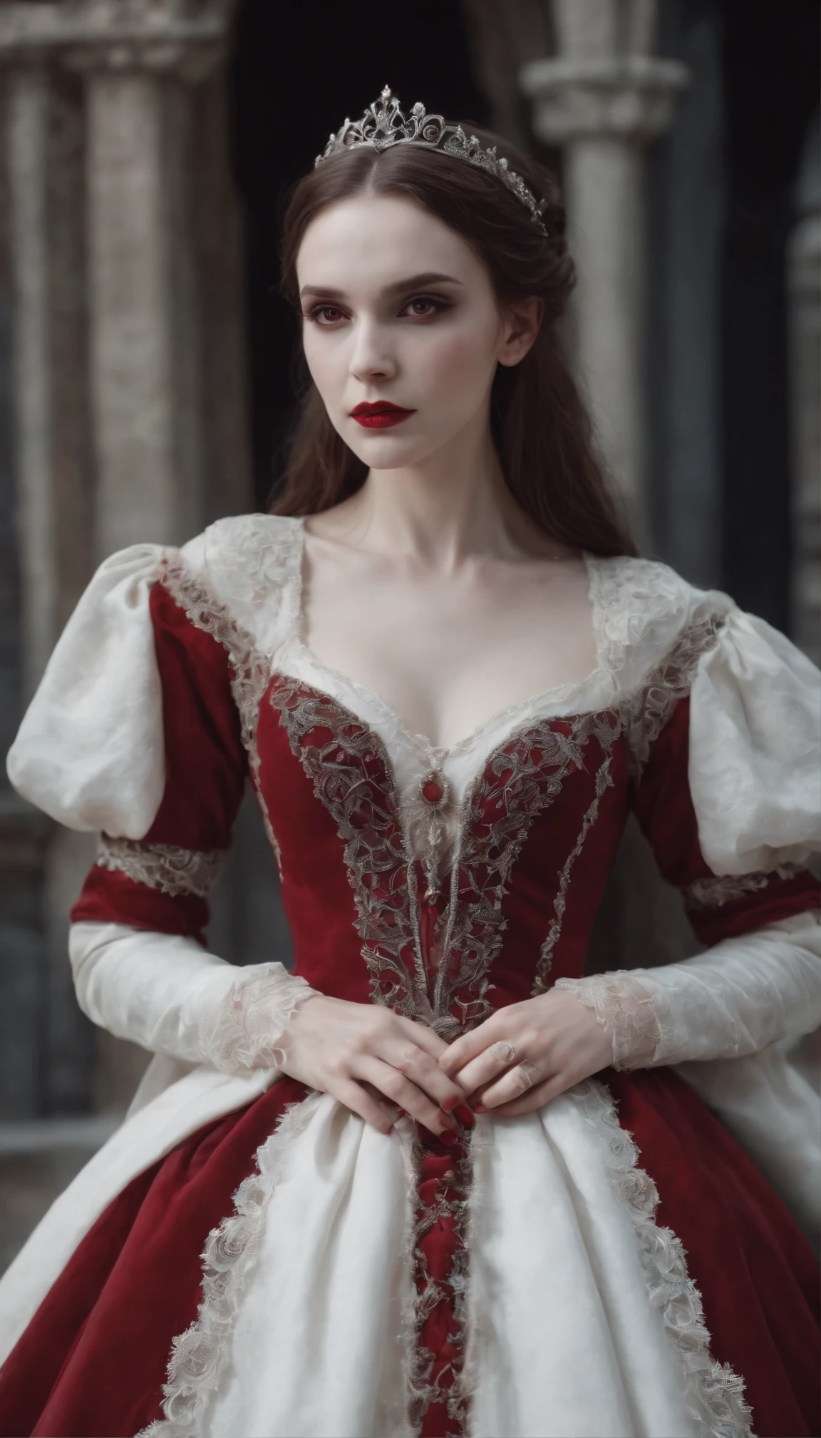 Royal Vampire Queen, 1girl, white pale perfect skin, red eyes, gothic Red/White Dress, in the Sanctuary, 8k