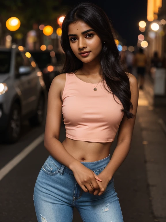 photography of a Tamil girl, stunningly beautiful, in the city at night, (wearing:1.6 peach crop top, blue short jeans pants, sports shoes), (midriff round deep navel), (eating:1.6 ice-cream), on the streets, 20yo, summer, hot girl, long black hair, look at viewer, eyes symmetry, face symmetry, high quality detailed face, photorealistic, photography, spectacular lighting