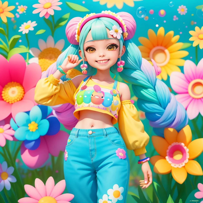 a cartoon girl with braids smiling, long pants, Many bubbles, flower, super cute funky girl, cute detailed digital art, Portrait of a Lisa Frank, beautiful digital art, cartoon art cartoon, cartoon art style, full-color illustration, advanced digital chibi art, Cartoon style illustration, adorable digital painting, Beautiful art style, Lisa Frank Style, cute cartoon character, colorful flowers