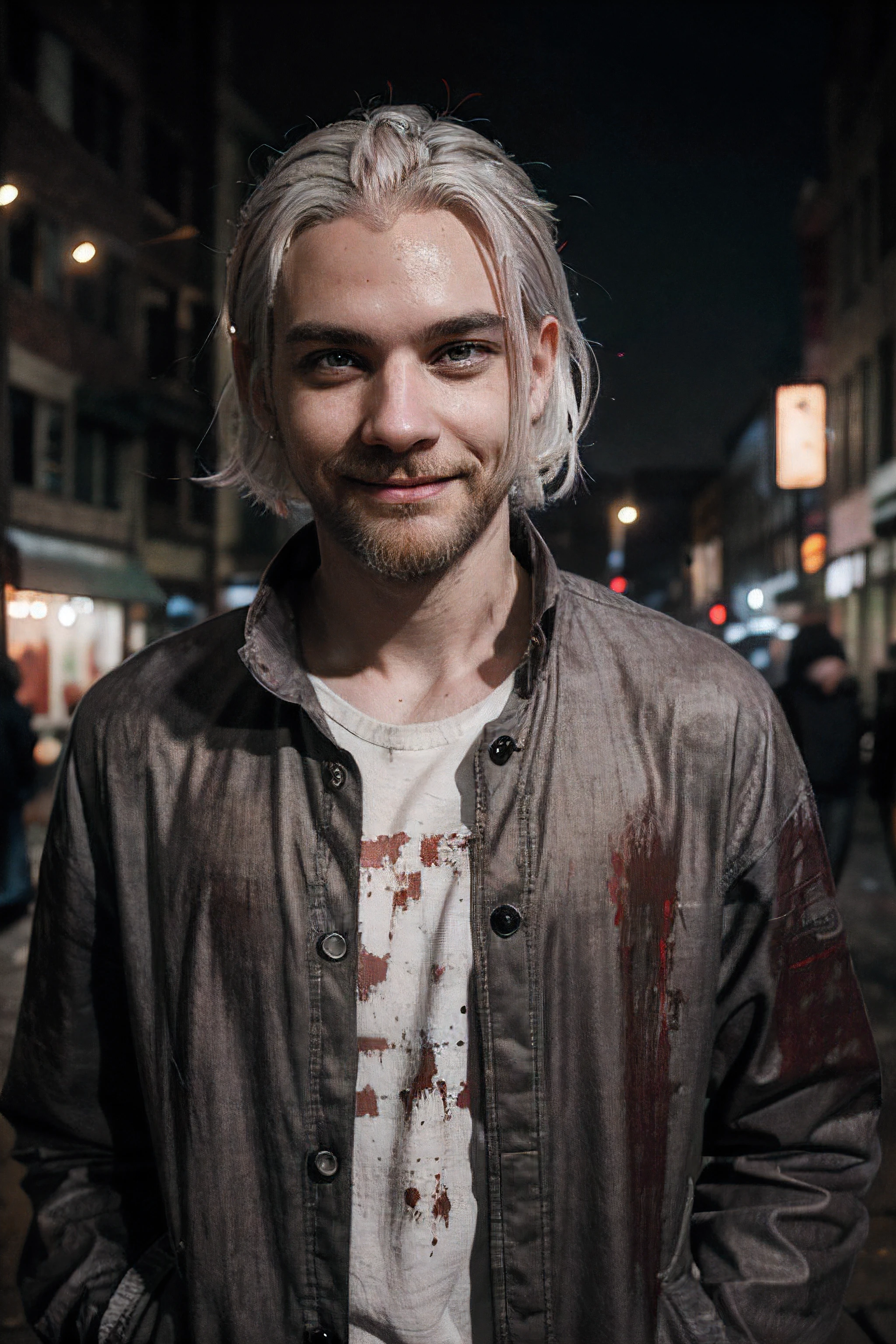 pale man, magro, olhos arregalados, sorriso nervoso, fino, platinado, cabelo e barba, com roupas leves, muito sujo, com tinta vermelha seca, estilo despojado, grunge, urban gothic background, city at night
