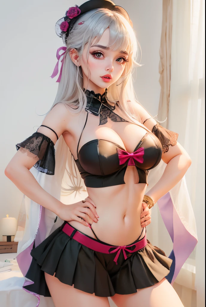 1 bela mulher, projeto Touhou, roupas modernas, roupas pretas e brancas, meias pretas, minissaia preta, midriff, capuz preto e branco, figura de ampulheta, agachamento, hands on knees