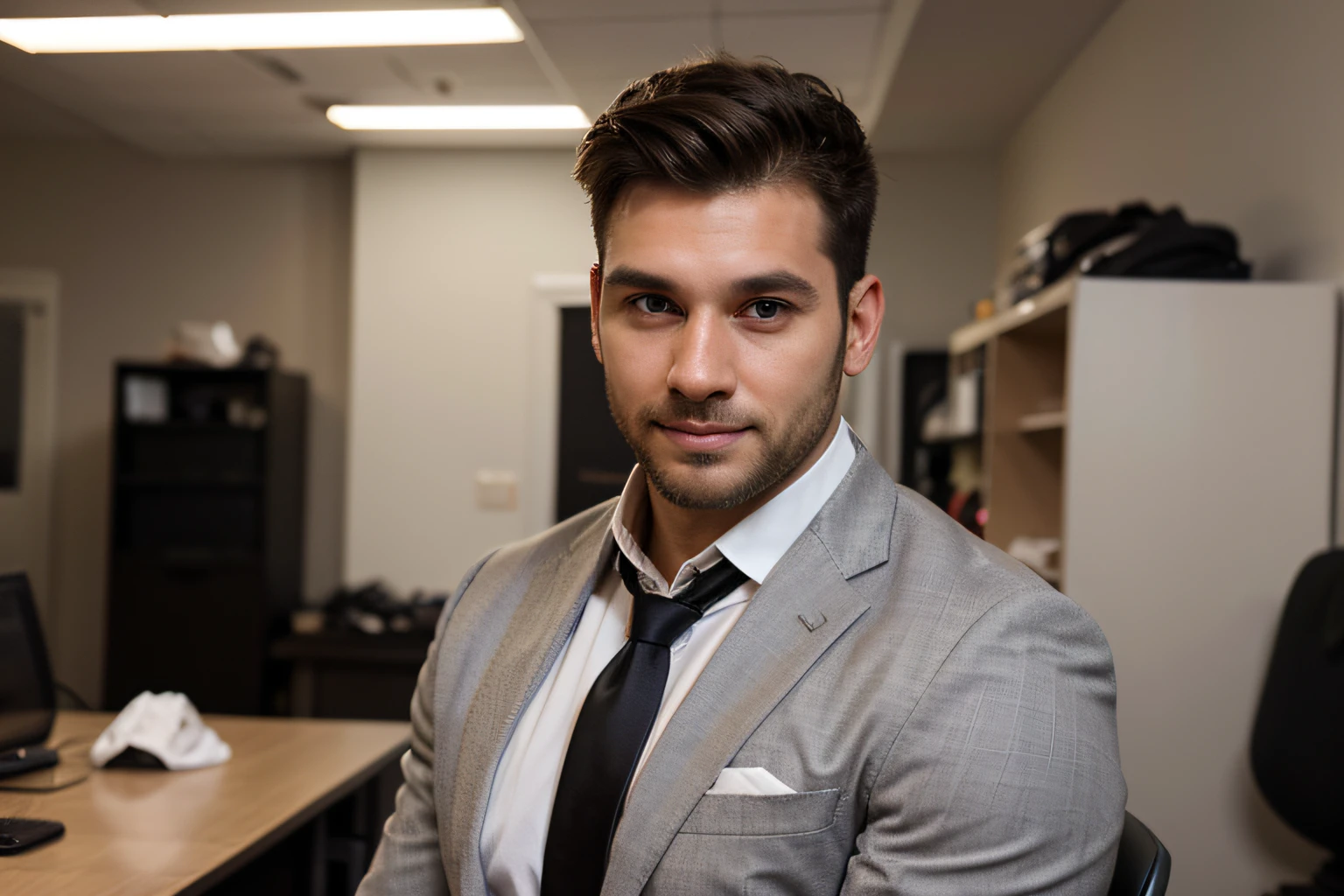foto para perfil do LinkedIn, of a man with muscles looking, com 31 anos, dressed in office shirt and tie, com corte de cabelo curto com topete, background of an office; best quality,retrato,Businessman,friendly expression,olhar confiante,bem preparado,mature appearance,terno elegante,classic tie,expensive watch,penteado moderno,professional lighting,sorriso sutil,foco nítido,vivid colors, usando barba pequena