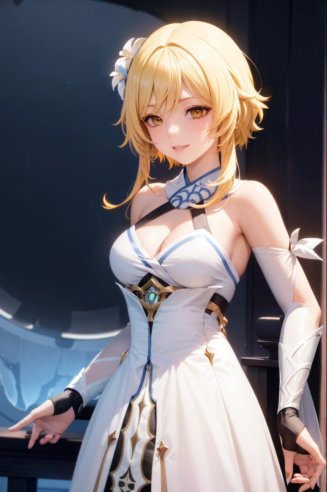 masterpiece, best quality, 1girl,smile,lumine \(genshin impact\), blonde hair,short hair with long locks, yellow eyes,hair flower,hair ornament,cleavage, ,white dress,detached sleeves, grey background, (kbxll:0.7)