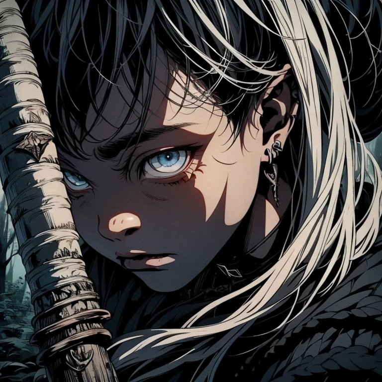 a black boy, with a white iris, white hair, aged , short kid, ange, amidst the forest, vagabond art style kentaro miura art style, berserk style, holding saber, low angle.