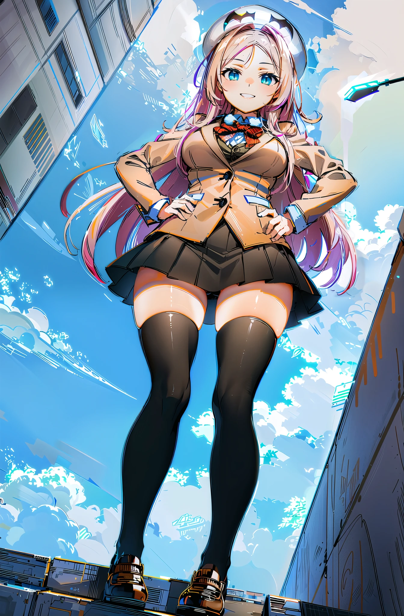 drakoi, 1girl, thighhighs, long hair, pink hair, school uniform, smile, hat, skirt, black thighhighs, large breasts, hand on hip, blazer, bow, fullbody, standing