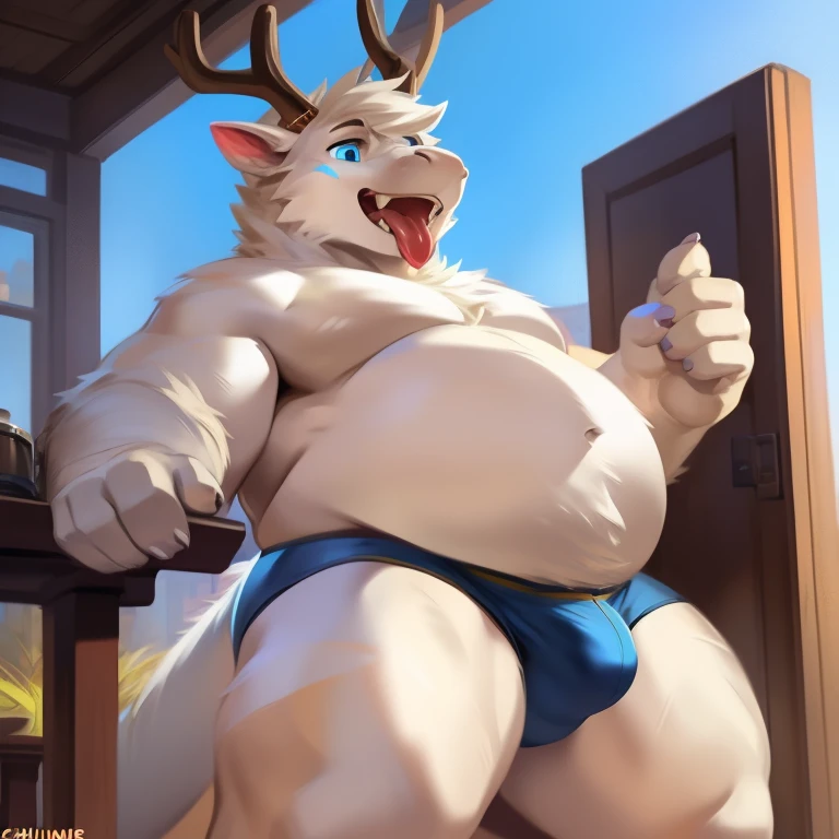 独奏, male, Standing, dragon, China Dragon, antlers, Only in underpants, Hungry facial expression, poor blue wool, white wool,, Big Face, fangs, Blepe, thick tongue, blue eye color, 詳細な目, overweight, shrunken, big, massive, giant, fat, big hands, bulge, Detailed Bulge, Detailed crotch, by Chunie, Author: darkgem, Author: Dramamine, Author: Brilliant Trap Boy