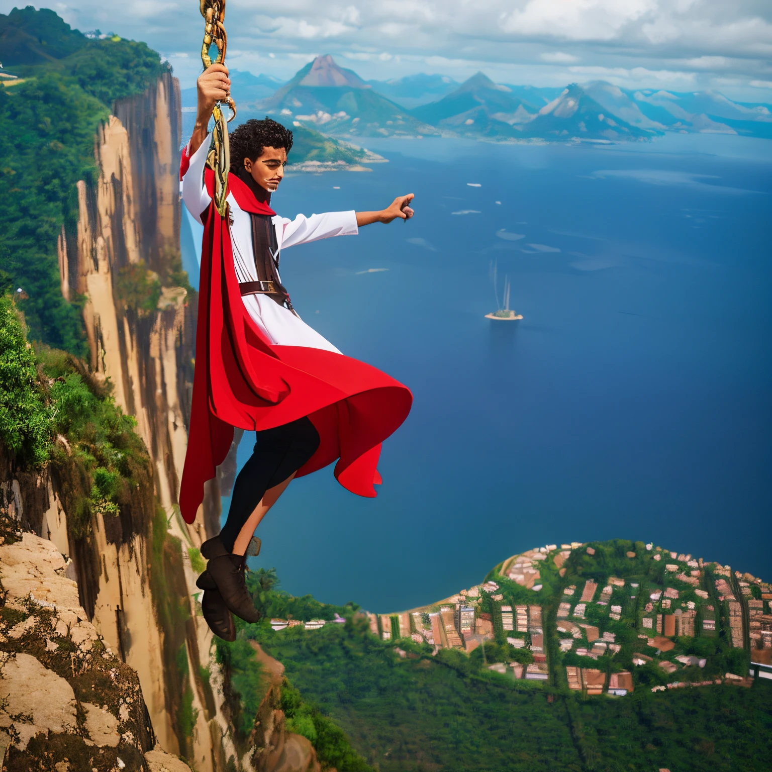 A young Brazilian superhero standing on top of Christ the Redeemer observing the landscape with a cape swinging