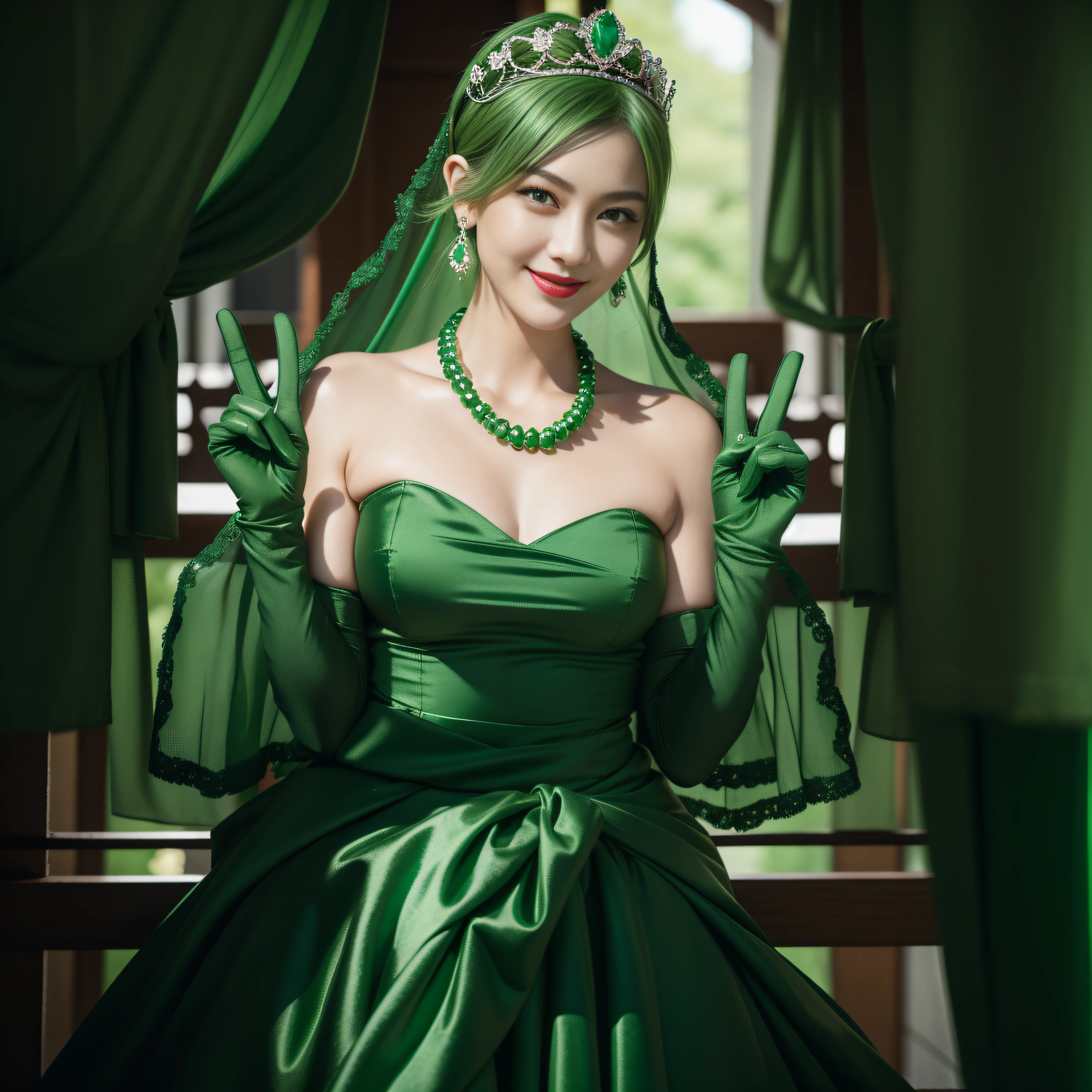 emerald tiara, Green Pearl Necklace, Boyish very short green hair, lipsticks, Japan woman smiling, very short short hair, big breasts beautiful, Green eyes, Long green gloves made of satin material, Green eyes, Emerald Earrings, green vale, v sign