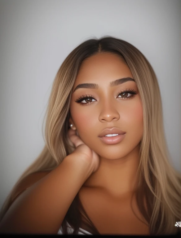 a close up of a woman with long hair, her skin light brown, with brown skin, detailed skin, flawless face, she has olive brown eyes, violet myers, glowy, headshot profile picture, alana fletcher, gorgeous woman, she has a glow coming from her, lizzo