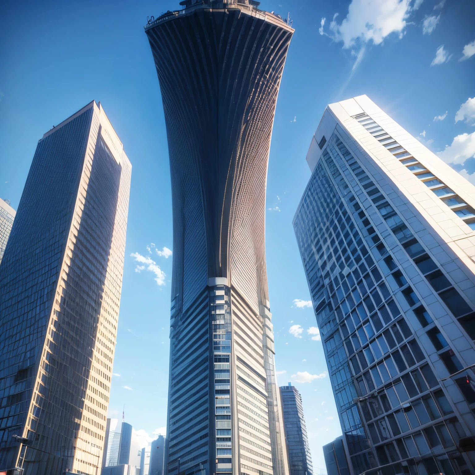 3d animation cinematic still of a tall apartment building in Tokyo, view from the bottom of the building, looking up, blue sky, afternoon, anime style