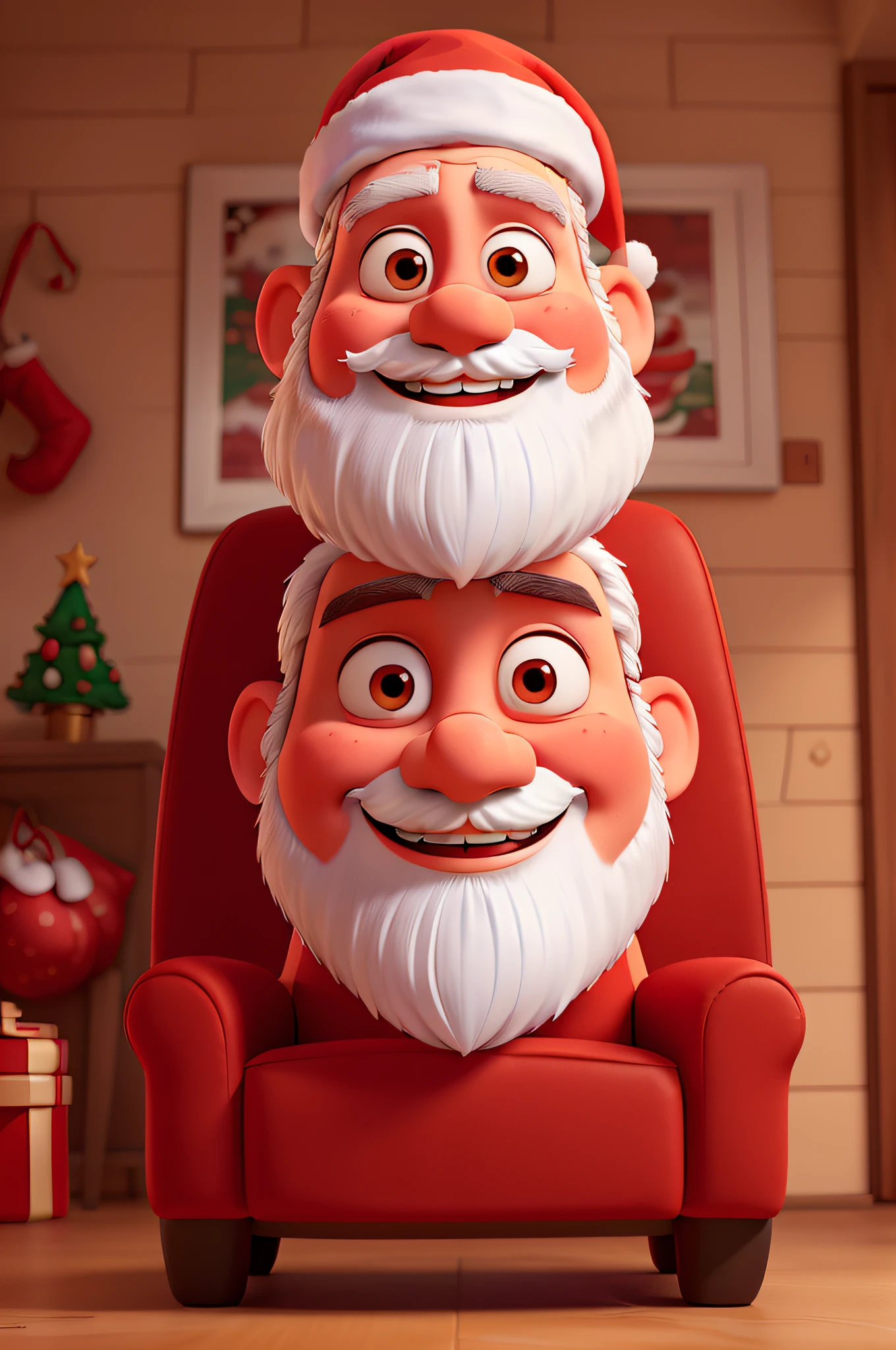 Santa Claus with white beard and Christmas hat and red Christmas clothes, sorrindo e feliz com os olhos brilhando de felicidade, com botas pretas sentado em uma poltrona marrom, Estilo Disney 3D, estilo pixar 3D, in high resolution, 35 mm, Lightroom, 4k.