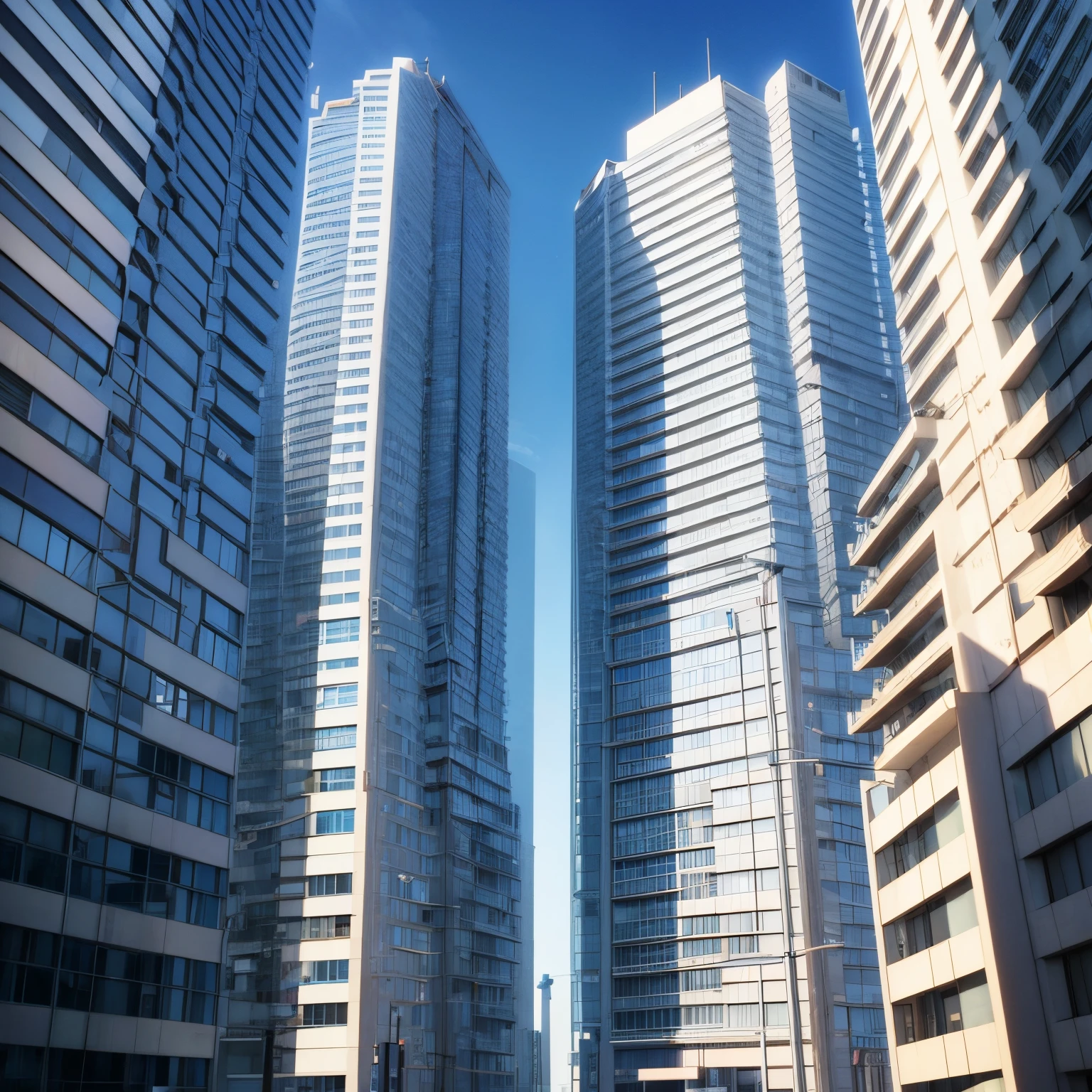 3d animation cinematic still of a tall apartment building in Tokyo, view from the bottom of the building, looking up, blue sky, afternoon, anime style