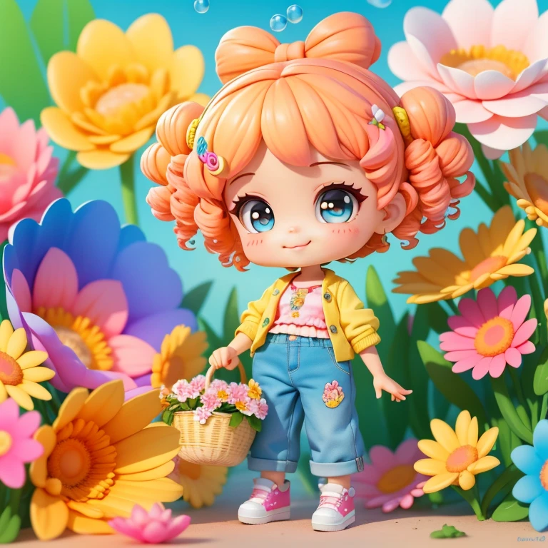 a cartoon girl with curly hair smiling, long pants, Many bubbles, basket of flower, super cute funky girl, cute detailed digital art, Portrait of a Lisa Frank, beautiful digital art, cartoon art cartoon, cartoon art style, full-color illustration, advanced digital chibi art, Cartoon style illustration, adorable digital painting, Beautiful art style, Lisa Frank Style, cute cartoon character, colorful flowers