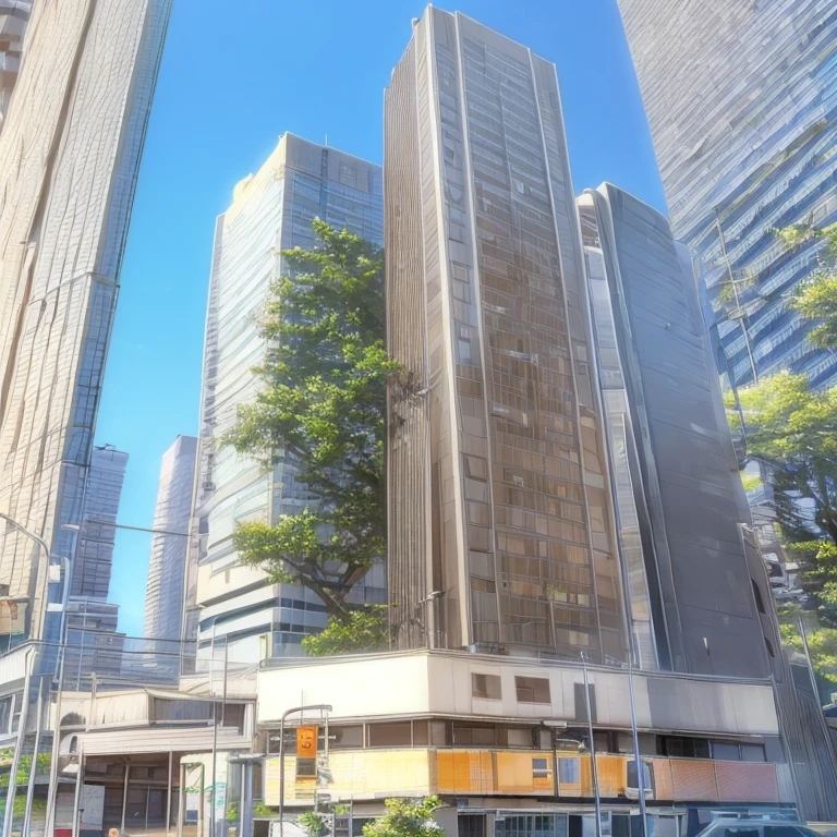 3d animation cinematic still of a tall apartment building in Tokyo, view from the bottom of the building, looking up, blue sky, afternoon, anime style