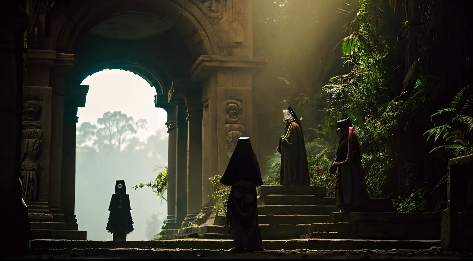 Create a haunting image of Santa Muerte-inspired women standing before an ancient Aztec temple in the jungle, their hands outstretched in invitation. In the dim light, Xolotl, the guardian of the underworld, lurks by the temple entrance. Capture the eerie ambiance of this scene.
