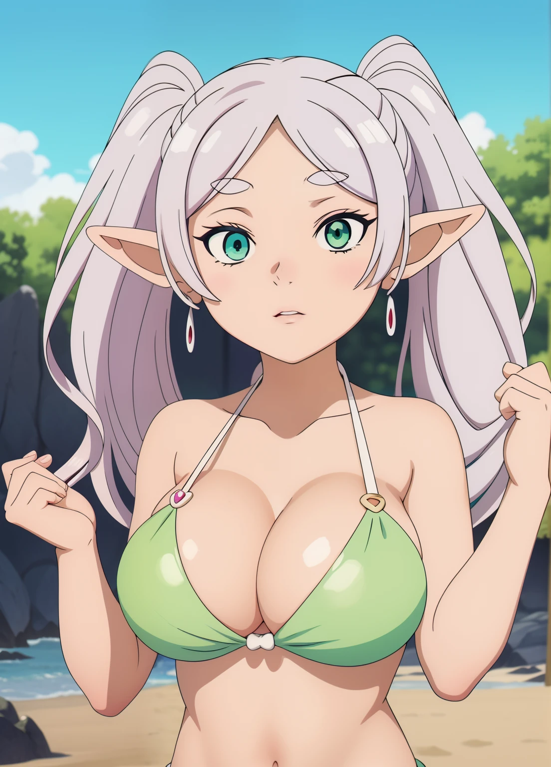 elfe, bikini, cheveux blanc, yeux vert, anime girl avec de gros seins et gros mamelon Elon qui pointe, séduisante fille d’anime, Ilya Kuvshinov. 4 km, [ Art numérique 4 km ]!!, Style Anime 3D réaliste, Jolie fille d’anime, Artgerme extrêmement détaillé, Oppai, Style anime 4 K, Rendu photo réaliste Anime girl, Anime hyper réaliste, style anime. 8k, Femme sexy, elle rougit, elle veut plaire aux hommes,