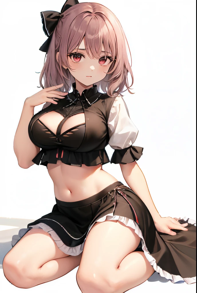 1 bela mulher, projeto Touhou, roupas modernas, roupas pretas e brancas, meias pretas, minissaia preta, midriff, capuz preto e branco, figura de ampulheta, agachamento, hands on knees