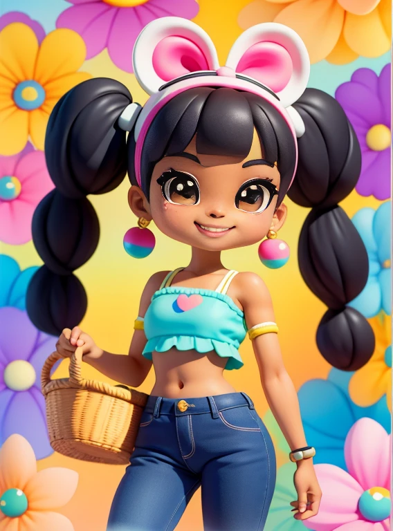 a cartoon black girl with ponytails smiling, long pants, Many bubbles, basket of flowers, super cute funky girl, cute detailed digital art, Portrait of a Lisa Frank, beautiful digital art, cartoon art cartoon, cartoon art style, full-color illustration, advanced digital chibi art, Cartoon style illustration, adorable digital painting, Beautiful art style, Lisa Frank Style, cute cartoon character, colorful flowers