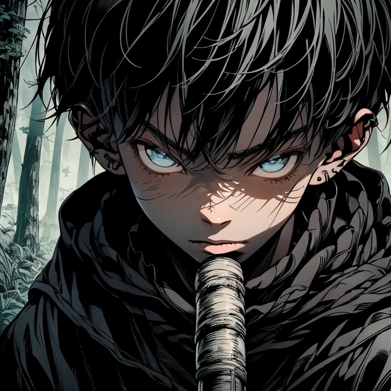 a black boy, with a white iris, aged , short kid, whitair, strong gaze, amidst the forest, vagabond art style kentaro miura art style, berserk style, holding saber, Eye level angle, character design sheet, different expressions, comic strip alignment, consistency, good posture, perfect anatomy.