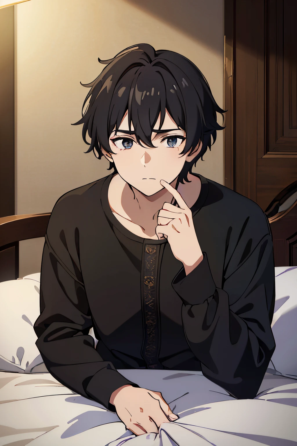 (best quality, 4k, 8k, high resolution, masterpiece: 1.2), ultra-detailed, medieval era, boy, 15 years old, short messy black hair, dark eyes, surprised, noble sleepwear, sitting on a bed noble, vivid colors, portrait, soft lighting, mystical atmosphere