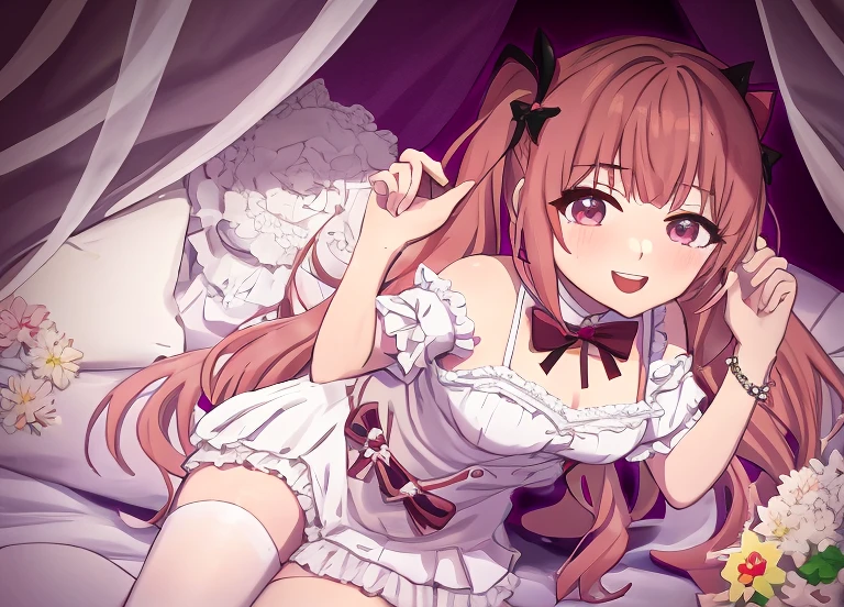 garota de anime com dois dedos para cima e um sorriso no rosto, Caudas duplas, Gapmoe Yander, anime moe artstyle, DDLC, [[[[sorrindo malvado]]]], Feliz!!!, Yandere, Loli, Marin Kitagawa Fanart, Yandere intrincado, com o dedo indicador, Caudas duplas branco_Luvas, travesso!!