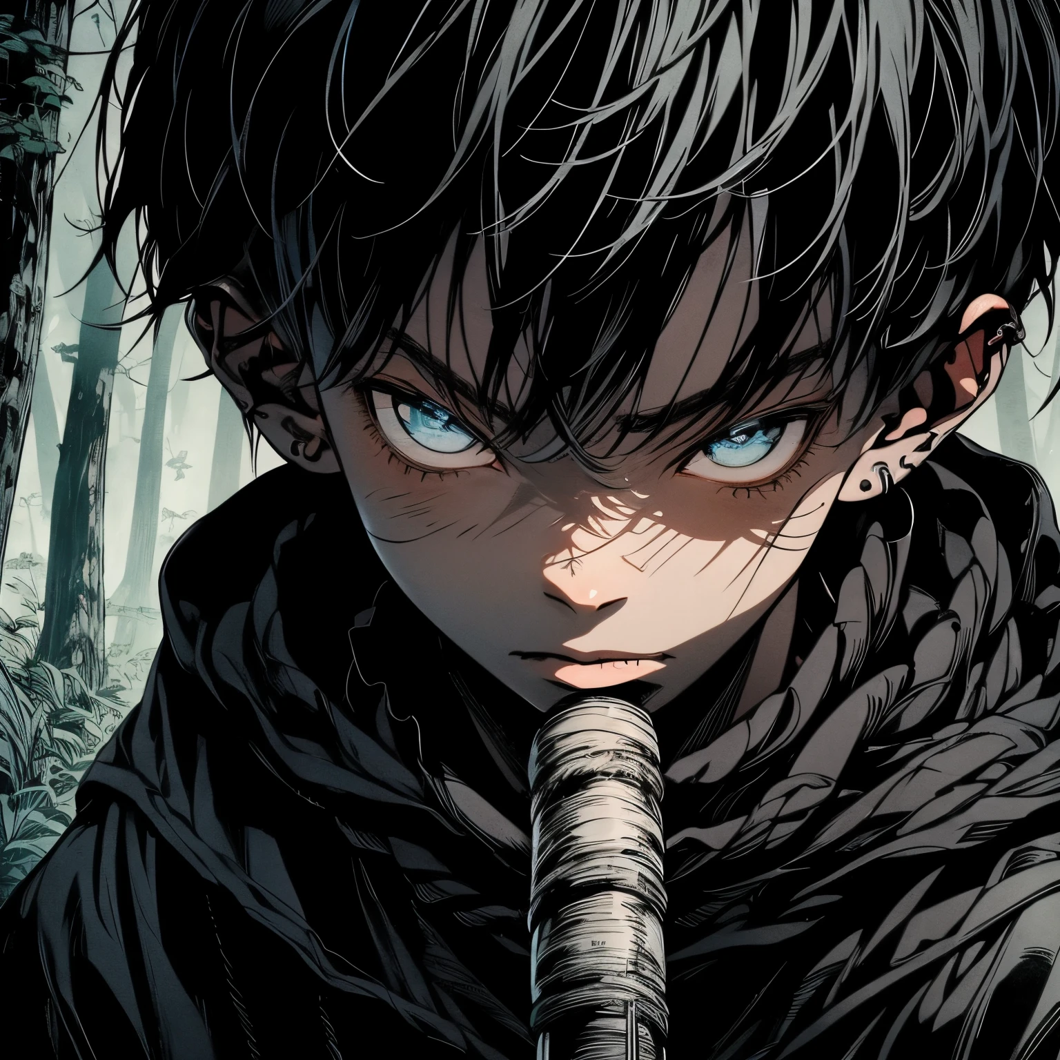 a black boy, with a white iris, aged six years, short kid, white hair, strong gaze, amidst the forest, vagabond art style kentaro miura art style, berserk style, holding saber, Eye level angle, character design sheet, different expressions, comic strip alignment, consistency, good posture, perfect anatomy.