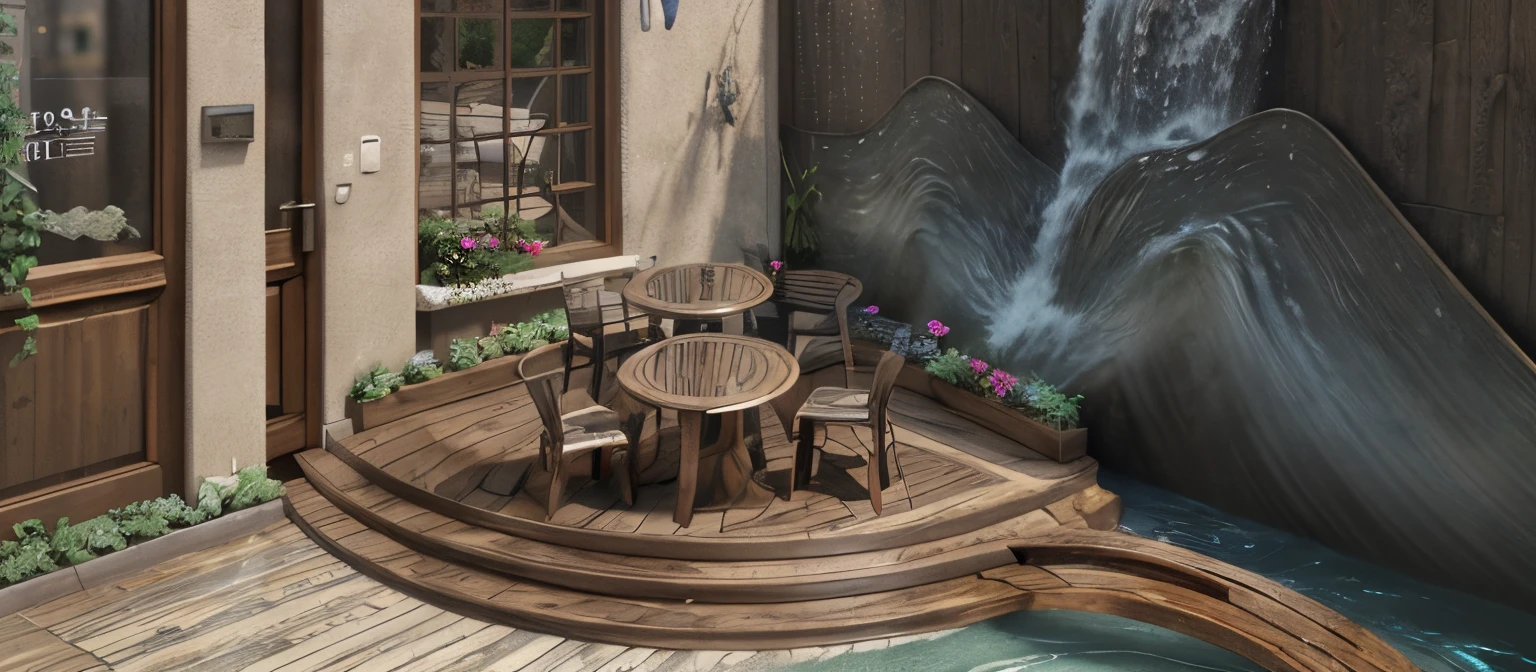 there a patio with a table and chairs and a door, by senior environment artist, relaxing concept art, inspired by senior environment artist, beautiful 3 d concept art, environment art, 3 d stylize scene, cozy cafe background, anime scenery concept art, realistic, rooftop coffee, flowers, plants, light art, UEH, wood, flow of water, water, water art, stream, wave, nice rendering, impressive kinetic design wall, beautiful, realistic,