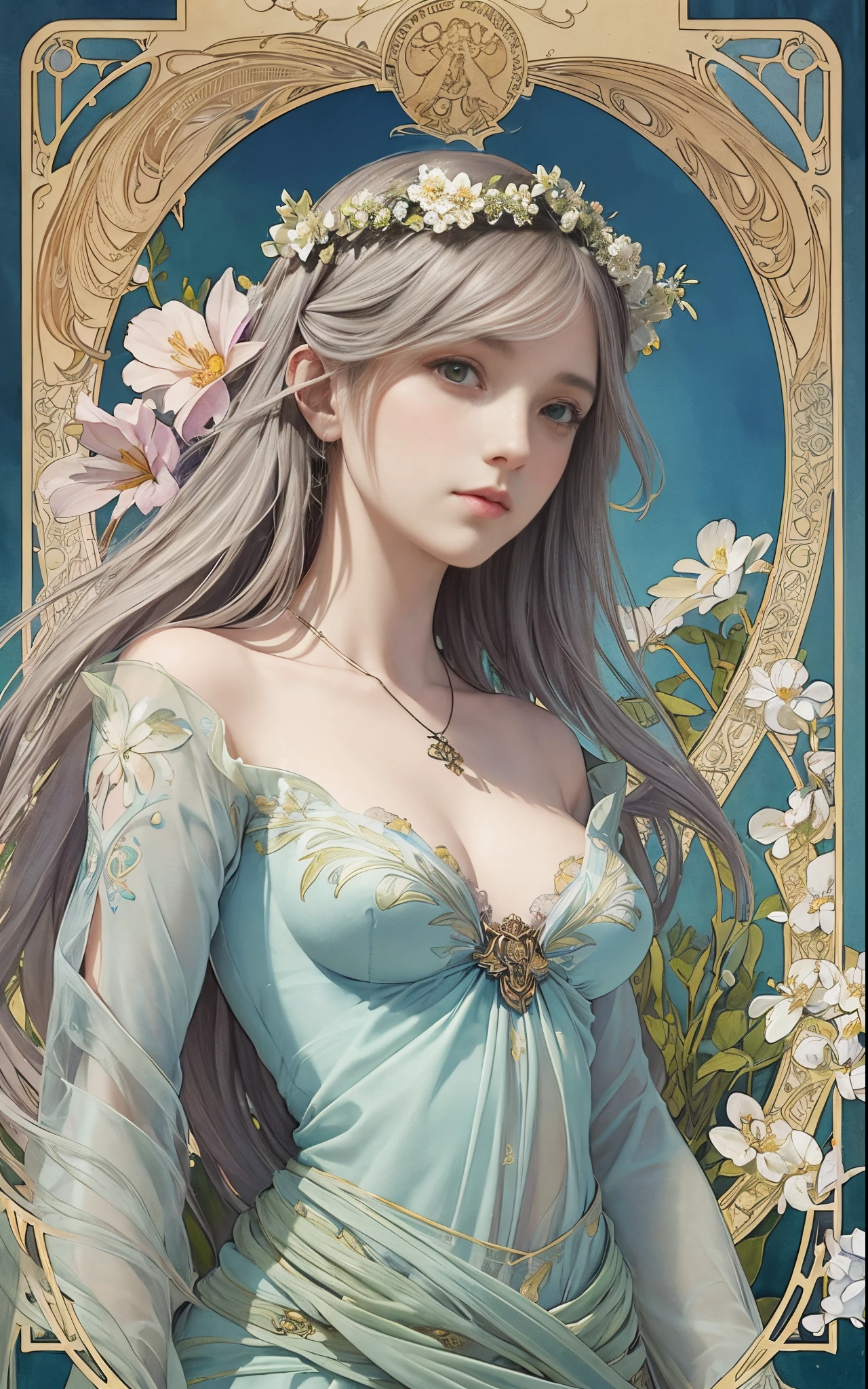 An ultrafine detailed watercolor painting of a gorgeous woman with flowers in her hair, in the style of Alphonse Maria Mucha and Gustav Kilmt, art nouveau accents, fairy princess, anthropomorphic female, female figure, detailed cover artwork, as the goddess of the flowers, Alphonse Mucha, Gustav Klimt, pale bluish skin, a marble sculpture, cgsociety, gothic art, art nouveau, behance contest winner
