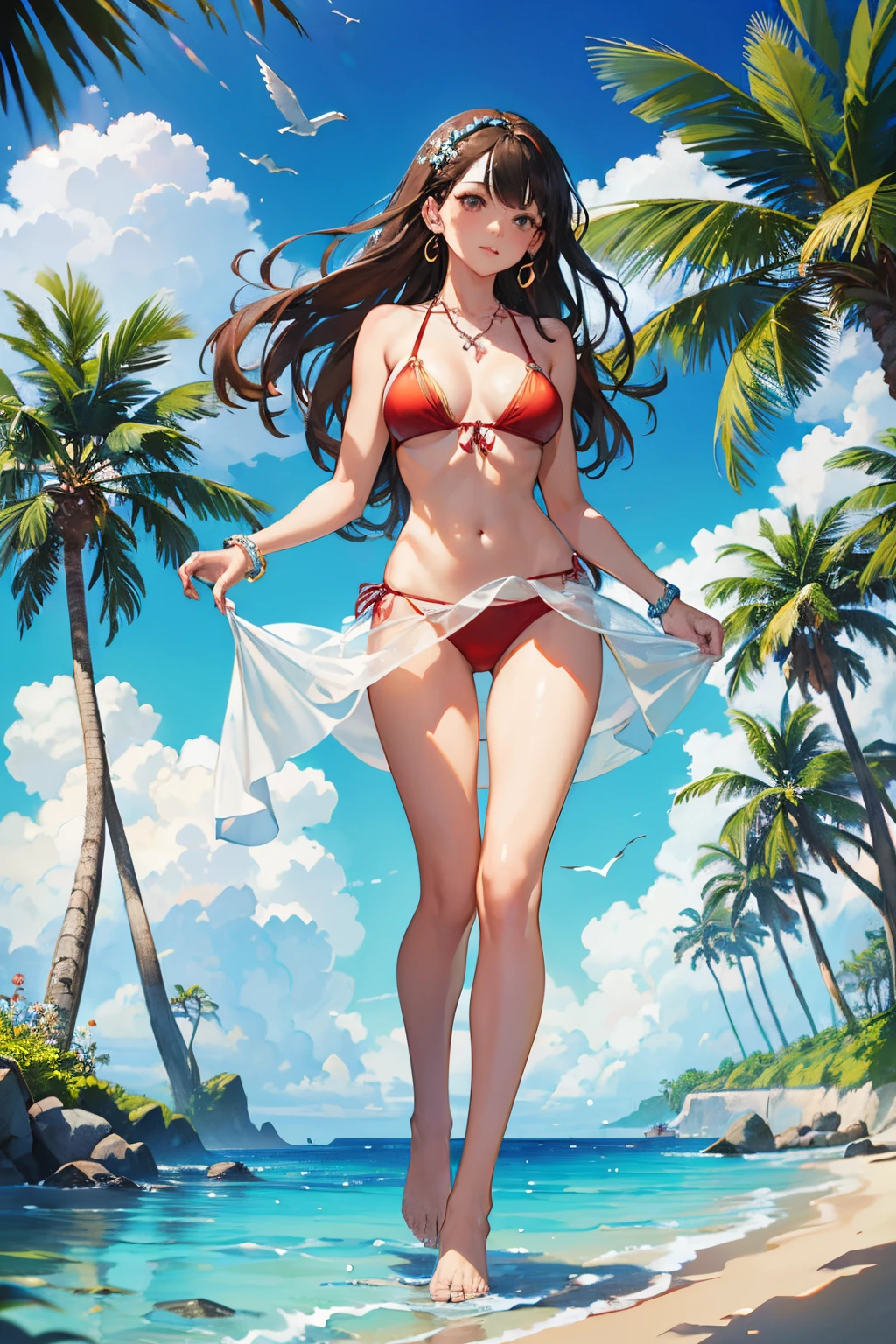 (best quality,4k,highres,masterpiece:1.2),ultra-detailed,realistic,tropical style, red bikini, long brown blackish hair, beautiful hands,lush vegetation,beautiful seashells,soft sandy shore,gentle ocean waves,joyful expression,sparkling brown eyes,endless horizon,warm sunlight,relaxing atmosphere,salty sea breeze,slender figure,confident stride,swaying palm trees,delicate necklace,dangling earrings,serene background noise of seagulls calling,crystal-clear water,melodic sound of waves crashing,perfectly pedicured toes,subtle shimmer on her skin,breezy sundress,playful flirtatiousness,delightful summer vibes,vibrant colors of nature,tropical paradise,artistic water reflections.