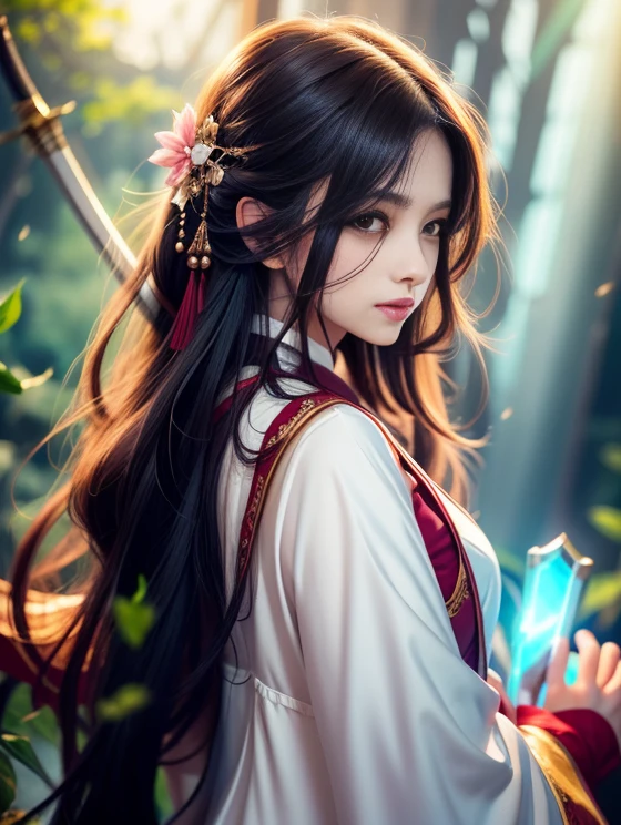 a woman in a white dress holding a sword in a crowd, palace ， a girl in hanfu, flowing hair and long robes, beautiful character painting, by Yang J, anime girl with long hair, guweiz, holding a sword on her shoulder, female anime character, she  holding a katana sword, artwork in the style of guweiz