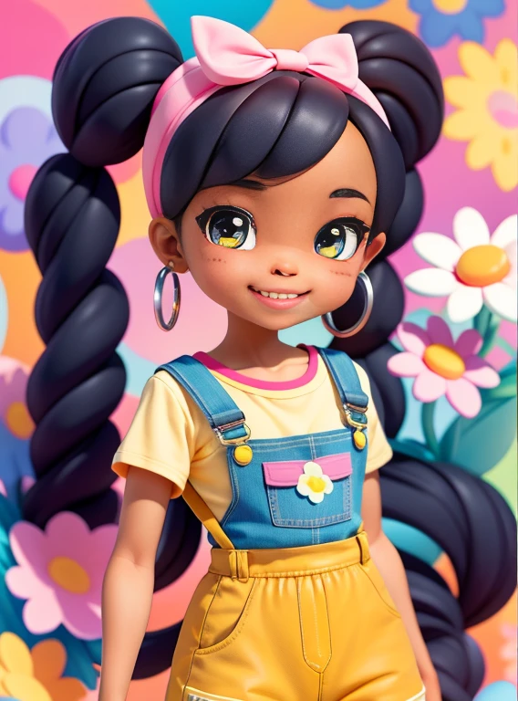 Loli menina negra, jardineira, touca, capuz, sorriso claro, corpo inteiro, cabelo multicolor, preso, moderno, Modern accessories, fundo tom pastel , colorido e simples.