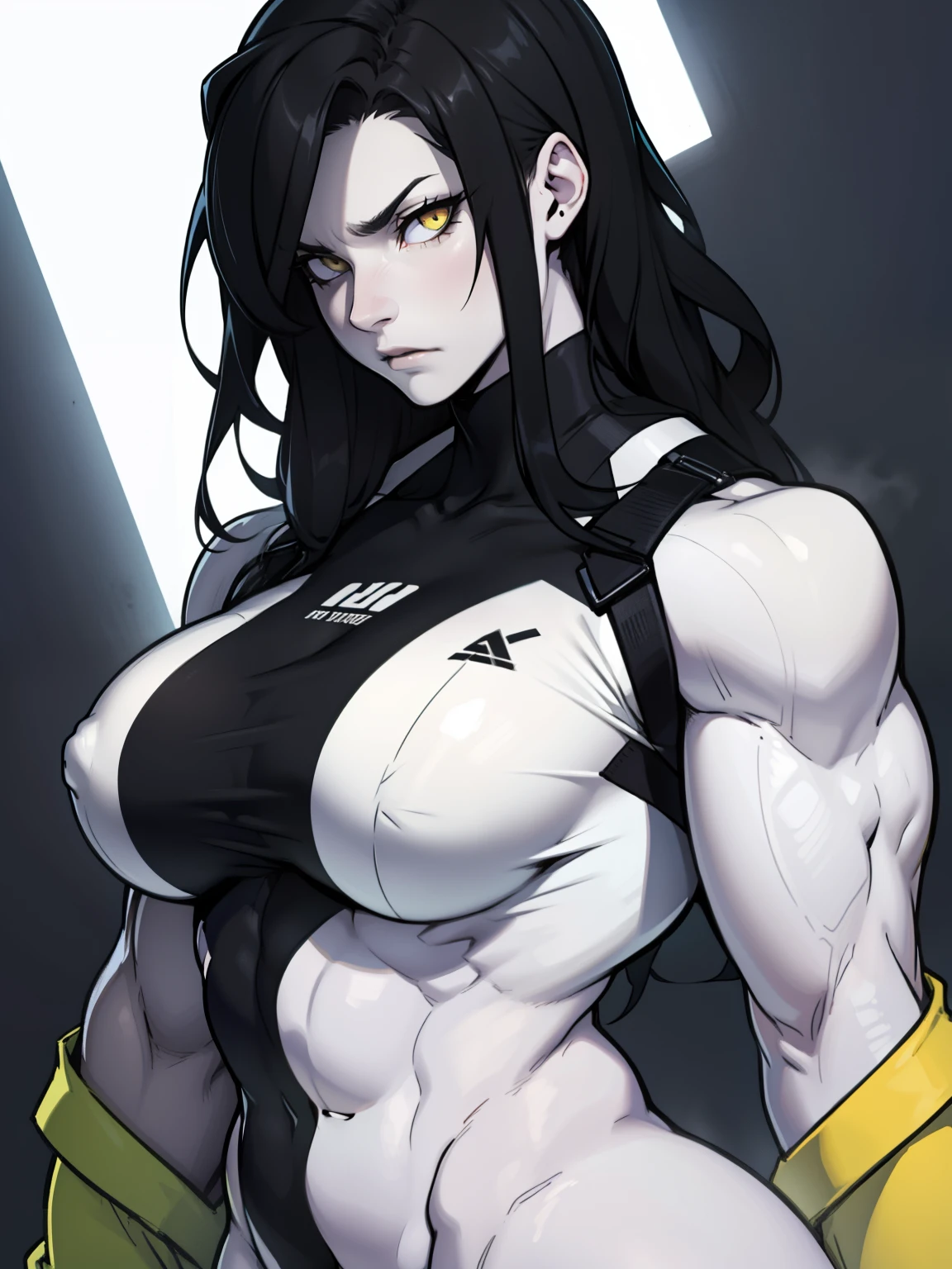 girl muscles large breasts pale skin black hair yellow eyes skintight sad