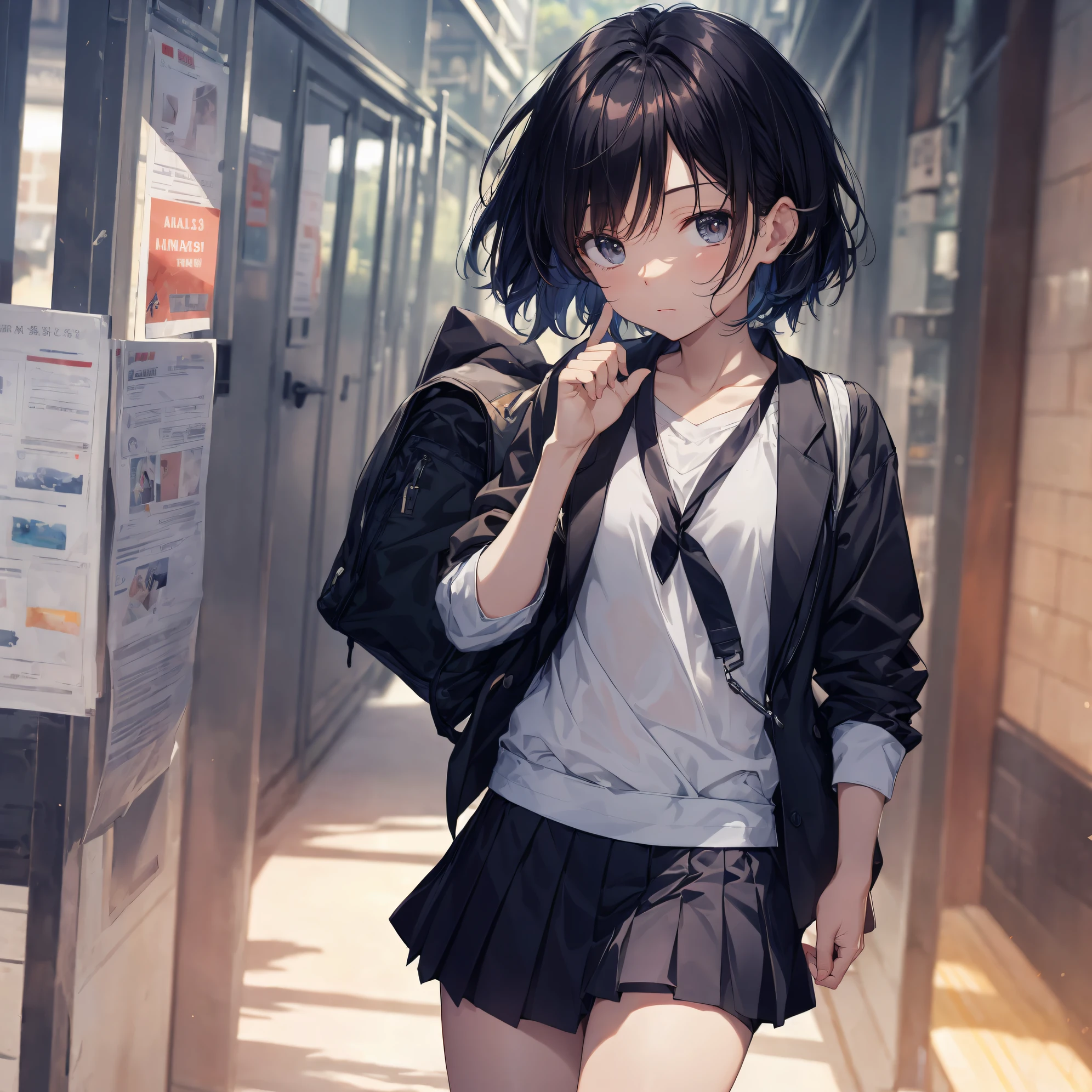 Top quality by creator God, Ultra-detailed, anime moe art style,Best Anime 8K Konachan Wallpapers,Pixiv Contest Winner,Perfect Anatomy, BREAK,(Draw a girl sleepily walking to school. ),BREAK, 1girl in, (Solo,Lori,,13yea:1.3),a junior gynous attraction, (Very short hair), hair messy, Full limbs, complete fingers, flat chest, Small butt, groin, Small eyes,Beautiful detailed black eyes, Well-proportioned iris and pupils, disgusted eye, School uniform, Skirt,On the way to school. BREAK,High resolution,super detailed skin, The best lighting by professional artists, 8K, Illustration,