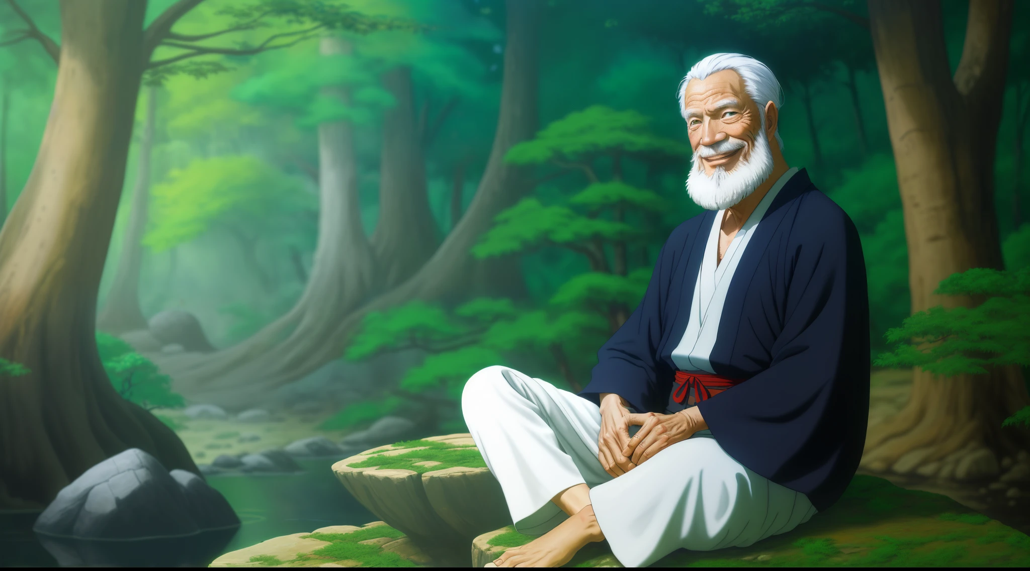 A wise zen master wearing ancient dress sitting on a big rock ,clear nature,forest,surrounding long tree,Oil painting ,an older man with a long white beard, greeted Takeshi with a warm smile