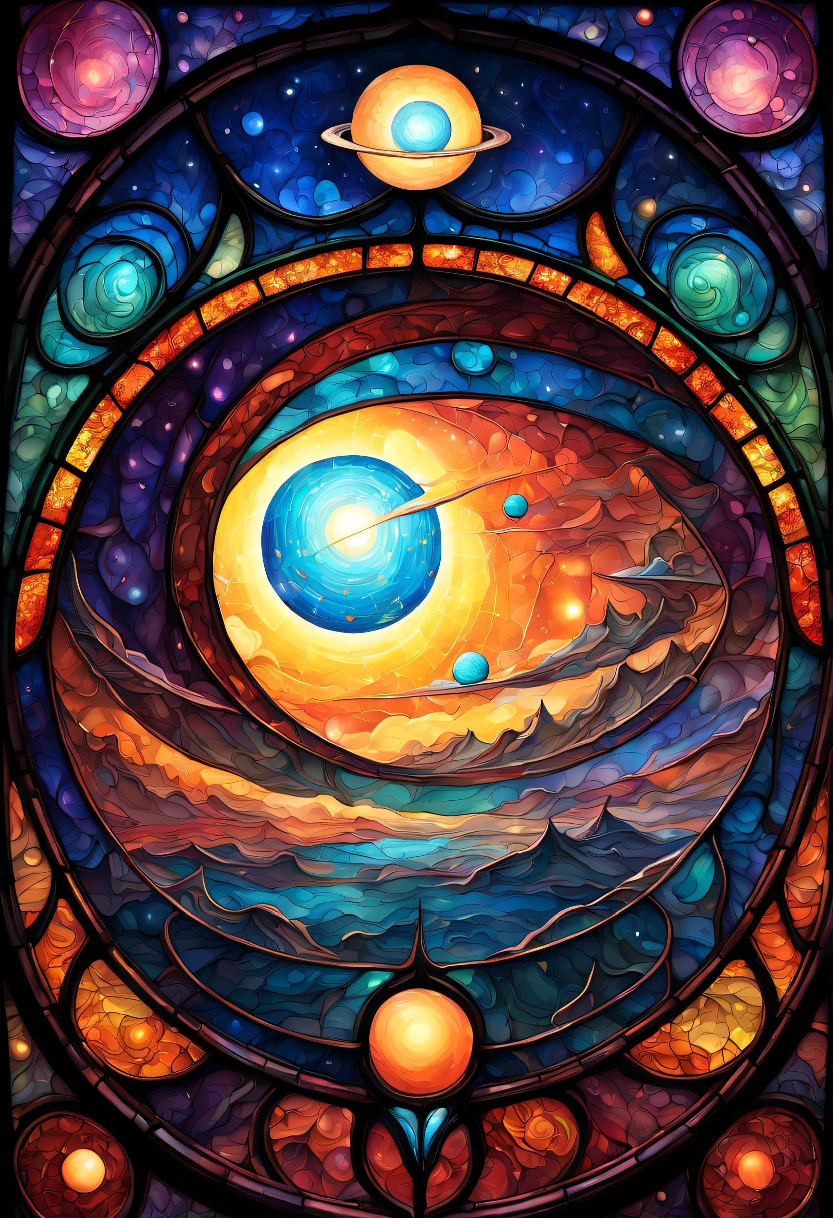 a magnificent sunset on a strange and mysterious alien Stained glass style planete. It's very textured and detailed with dreaming lot of whirlwind multicolored and dreaming dust
