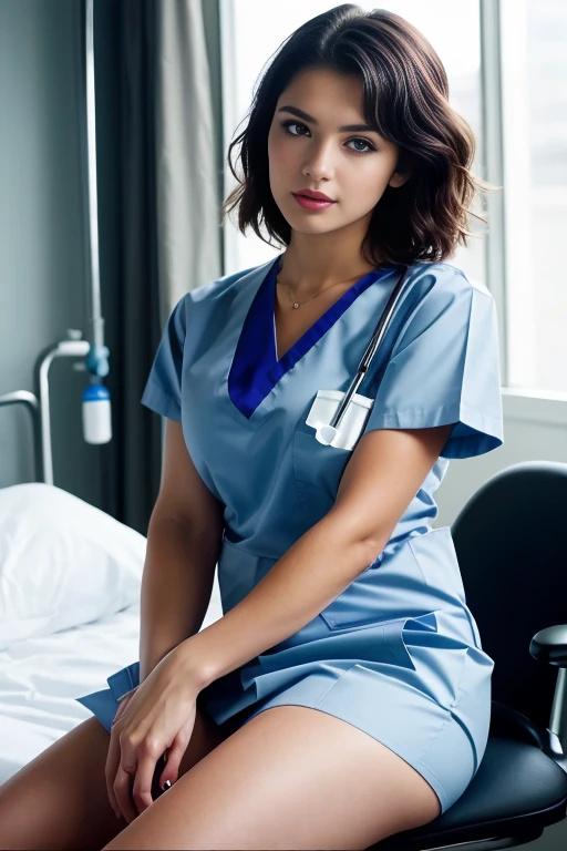 ((masterpiece, best quality)), beautiful 25-year-old Nordic woman (Chloe Grace Moretz:Milla Jovovich:0.5), (brown-black hair, bob hairstyle, square face), (medium breasts), (curvy, muscular body), (natural skin), legs, (tight nurse uniform:1.3), cleavage, (seductive expression:1.2), jewelry, dynamic, various poses, hospital ward background, (UHD, 8K wallpaper, High resolution), Cinematic lighting, physically-based rendering, award-winning, extremely detailed skin, extra detailed face, high detail eyes, Carl Zeiss 85 mm F/1.4, by Ellen von Unwerth