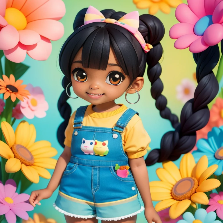 a cartoon black girl with ponytails smiling, overalls, Many bubbles, flowers and butterflies, super cute funky girl, cute detailed digital art, Portrait of a Lisa Frank, beautiful digital art, cartoon art cartoon, cartoon art style, full-color illustration, advanced digital chibi art, Cartoon style illustration, adorable digital painting, Beautiful art style, Lisa Frank Style, cute cartoon character, colorful flowers
