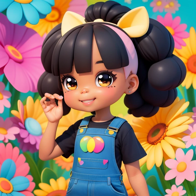 a cartoon black girl with ponytails smiling, overalls, Many bubbles, flowers and butterflies, super cute funky girl, cute detailed digital art, Portrait of a Lisa Frank, beautiful digital art, cartoon art cartoon, cartoon art style, full-color illustration, advanced digital chibi art, Cartoon style illustration, adorable digital painting, Beautiful art style, Lisa Frank Style, cute cartoon character, colorful flowers