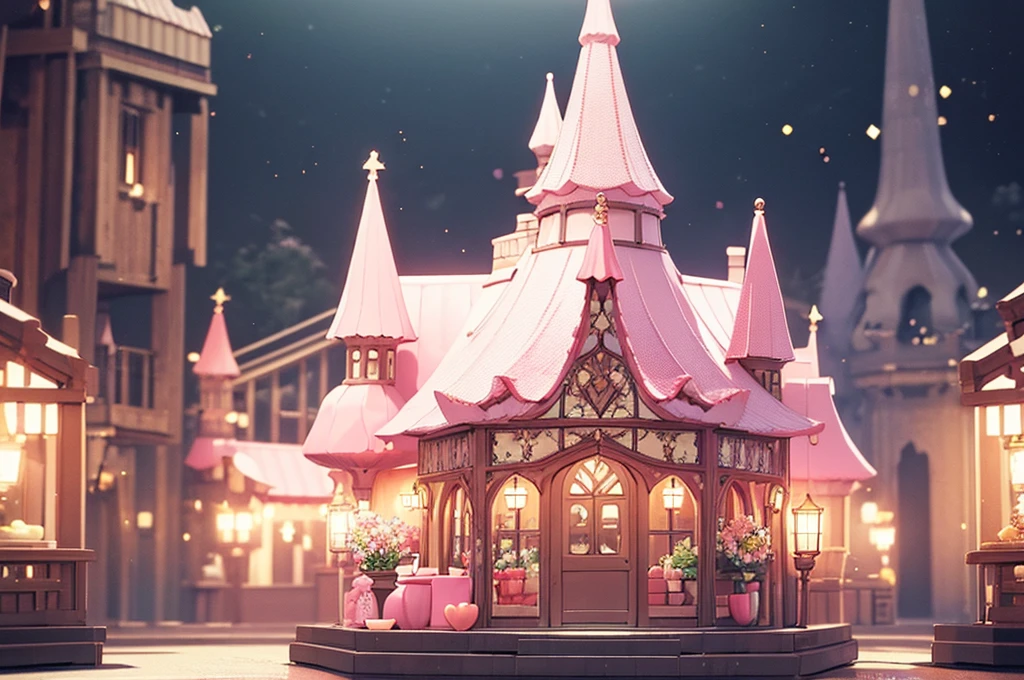 3D fairy tale village,Light pink tones,Candy decoration,(super complex,Super refined,Super quality,super adorable,fairy tale style),gummy flowers