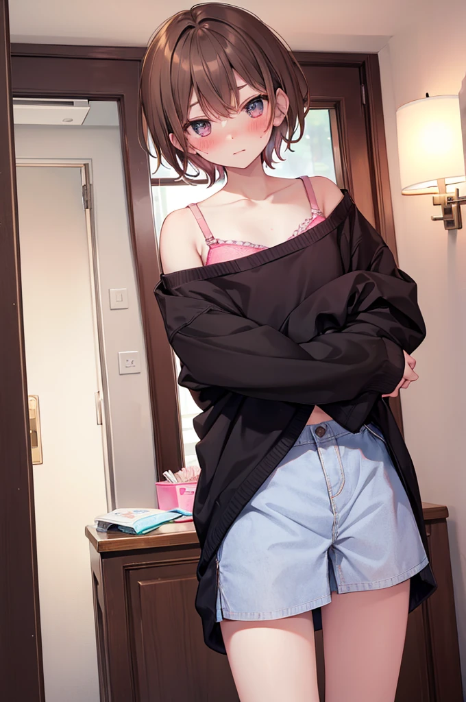 1girl,,,my room,angry,standing,off shoulder,miniskirt,looking viewer
