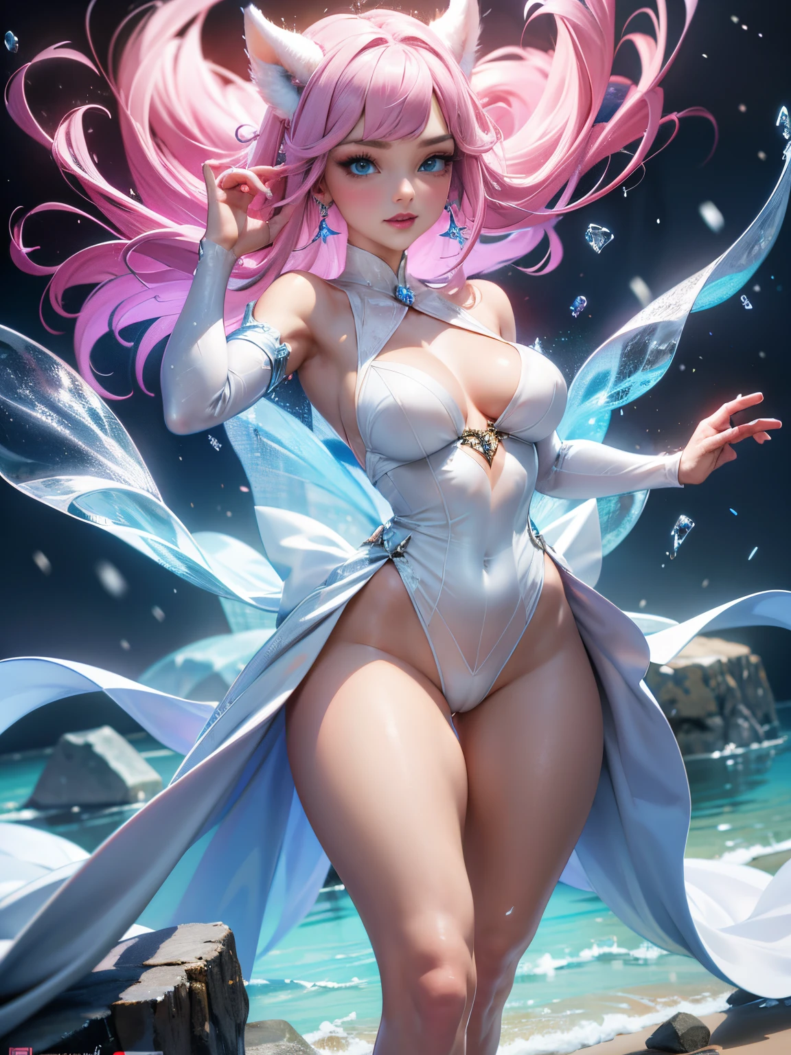 Ak hd，detail-rich， 1 woman， low perspective，独奏， full bodyesbian， （best qualtiy， tmasterpiece， absurderes： 1.2）， s the perfect face， Very delicate and beautiful， Fine-grained skin texture， Lively and radiant skin， Long legs， PureErosFace， eBlue eyes， light smile， a color，medium breasts，Half buckle，nabel，Lace，transparent pubic hair，Rags，Jewelry earrings，dyna，lewd poses，pale-blue，in pink young woman with long dark hair walks along the beach on a sunny day in a loose white dress, a perfect face, Clear definition, perfect arms, ..3d, ultradetail ,,More detailed 8K resolution.unreal-engine:1.4,UHD,beste-Qualit:1.4, Photorealistic:1.4, skin texture:1.4, tmasterpiece:1.8,tmasterpiece, beste-Qualit,object Object], (detailed face features:1.3),(beautiful blue eyes ),perfect anatomy, (beautiful fingers, detailed ondos, snowing, ice, giant stone, white frozen:1.4),(long white gray hair:1.4),(giant stones, frozen ice:1.4) ,(long bunny ears made of transparent silk white fabric)