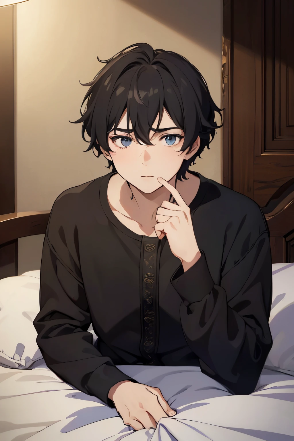 (best quality, 4k, 8k, high resolution, masterpiece: 1.2), ultra-detailed, medieval era, boy, 15 years old, short messy black hair, dark eyes, surprised, noble sleepwear, sitting on a bed noble, vivid colors, portrait, soft lighting, mystical atmosphere