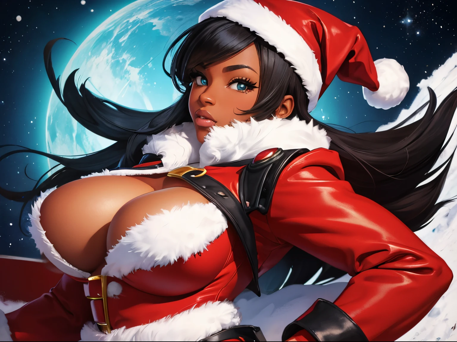 Sexy black girl dressed in Santa Claus jacket, upper body shot,  J Scott Campbell style